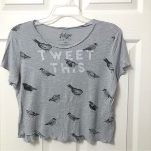 Tokyo Darling Birds Tweet This Women’s Medium Gray Burnout Crop Top Short Sleeve